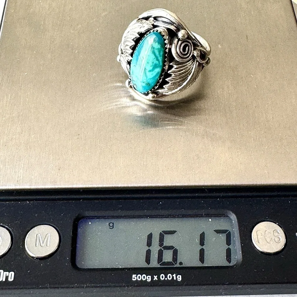 Navajo Turquoise Mens Ring Sz 12 Leaf Feather Signed Morgan Sterling Native Amer